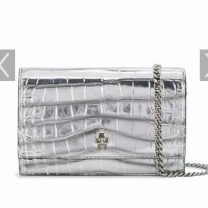 Alexander McQueen Silver Croc Wallet on a Chain